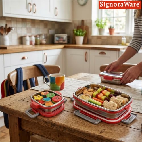 Image of SignoraWare Quickmeal Stainless Steel Big Lunch Box,(900ml+160ml, Red), Airtight & Leakproof, Portion Control, Easy to Carry, Ideal for Office, School, Kids & Travel