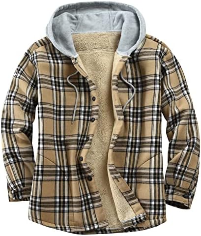 Derbars Cotton Plaid Shirts Jacket Fleece Lined Flannel Sherpa Button Down Jackets with Hood for Men Khaki Large