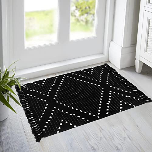 Haocoo Boho Bathroom Rug 2’ X 3’, Cotton Woven Washable Small Area Rugs With Tassels,Black And White Kitchen Rug Moroccan Tribal Throw Carpet Bath Mat Front Door For Living Room Kitchen Bedroom #TOP1