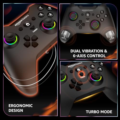 Image of Amazon Basics Pro Series Gamepad with Bluetooth and RGB | 2.4GHz & Wired Modes | Dual Vibration | 6-Axis Gyroscope | Compatible with Switch | Android | PS3 | Windows | Type-C Charging | Black