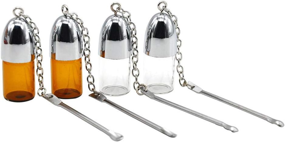 Mini Small Size Silver Clear&Brown Glass Snuff Pill Box Bottle Vial w/Metal Spoon Spice Bullet Rocket Snorter Case