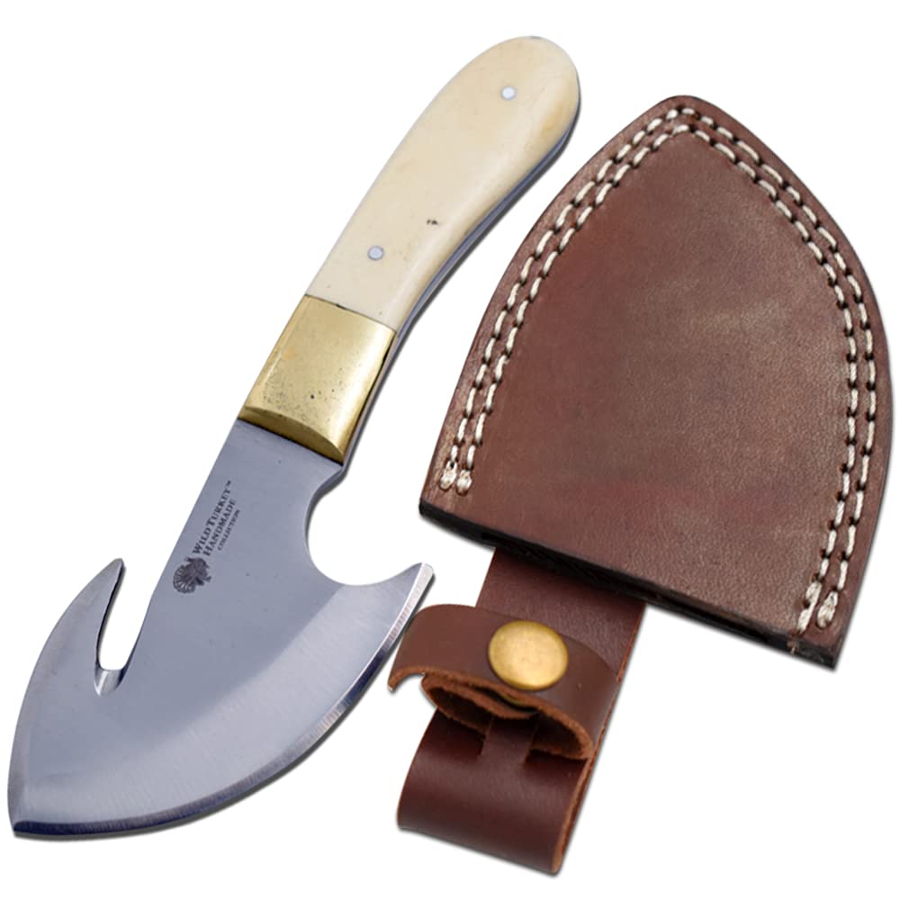 Wild Turkey Handmade Collection Full Tang Fixed Blade Gut Hook Skinner Knife w/Leather Sheath. (Bone)