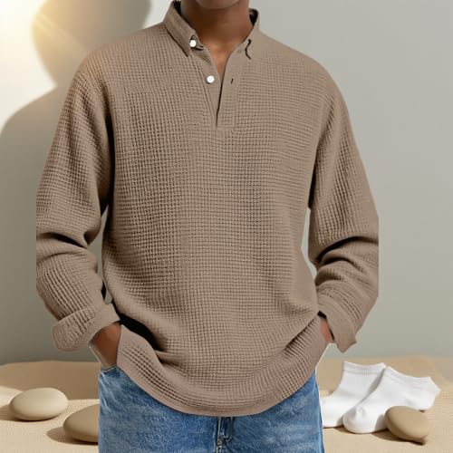 Mokaloha Men's Simple Solid Color Waffle Lapel Long Sleeve Polo Shirt Knit Sweater Collared Shirts4