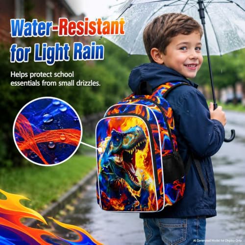 Image of 17 inch Dinosaur Backpack, Boys Kids Bookbag with Lunch Box, 3Pcs Dino School Backpacks for Elementary Preschool Kindergarten (Fire Red)