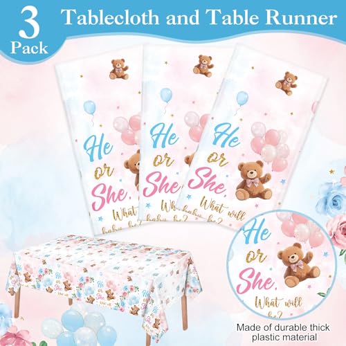 Image of Ganeen 3 Pcs Bear Gender Reveal Tablecloths Disposable Plastic He or She Gender Reveal Bear Decorations Blue Pink Baby Shower Rectangle Table Cover Waterproof for Baby Shower Party, 54 x 108 Inch