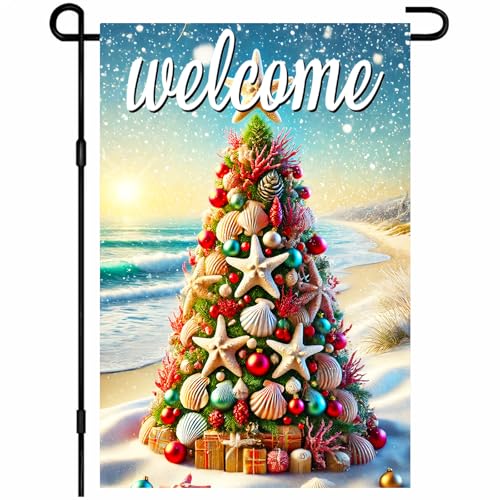 BlissYard Coastal Christmas Garden Flag Beach Christmas Tree Seasonal Welcome Flag Outdoor Holiday...