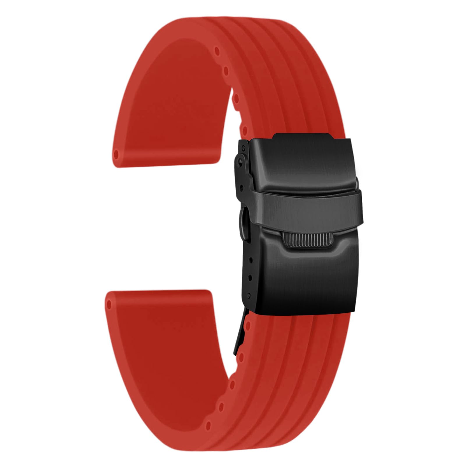 ULLCHRO Silicone Watch Strap Replacement Rubber Watch Band Waterproof Stripe Pattern - 14mm, 16mm, 18mm, 20mm, 22mm, 24mm Watch Bracelet with Stainless Steel Deployment Black Buckle