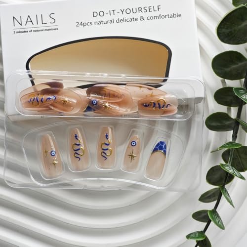 Image of Snake Press on Nails Medium Almond Fake Nails Blue French Tip False Nail with Silver Line Design Star Glue on Nails Artificial Acrylic Nail Full Cover Nude Stick on Nail for Women Manicure 24Pcs