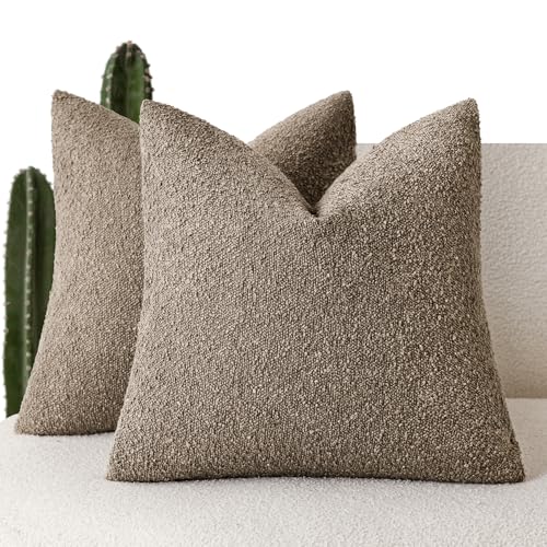 Foindtower Pack of 2 Textured Boucle Throw Pillow Covers Accent Solid Pillow Cases Cozy Soft Decorative Couch Cushion Case for Chair Sofa Bedroom Living Room Home Decor 18x18 Inch Light Brown