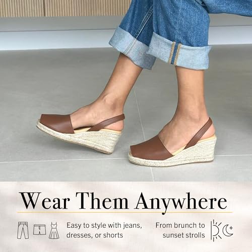 Image of Espadrilles Wedges for Women, Dressy Soft Leather Peep Toe Womens Espadrille Sandals, Comfortable Casual Summer Slip On