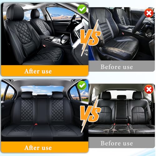 Image of Car Seat Covers Full Set, Luxury Leather Seat Cover for Cars 5 Seats, Front Seats and Back Car Seat Protector Waterproof Seat Cushions, Universal Automotive Seat Covers for Most Cars SUV Trucks, Black