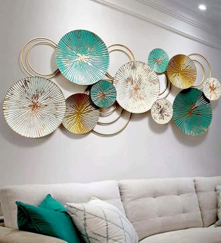 Image of URBAN INSPIRATIONS LARGE METAL WALL ART - PREMIUM HANDCRAFTED ANTIQUE GOLD & TURQUOISE GREEN CIRCLE DESIGN | MODERN HOME WALL DECOR FOR LIVING ROOM, BEDROOM, OFFICE, HALL, HOTELS & CAFES | IRON DECORATIVE PIECE 46X19 INCH
