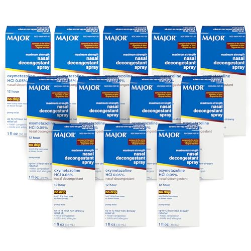 MAJOR Maximum Strength Nasal Decongestant Spray Oxymetazoline HCl 0.05% Pump Mist Non-Drowsy Nasal Spray up to 12-Hour Relief from Nasal Congestion Colds and Allergies 1 Fl. Oz. (12-Pack)