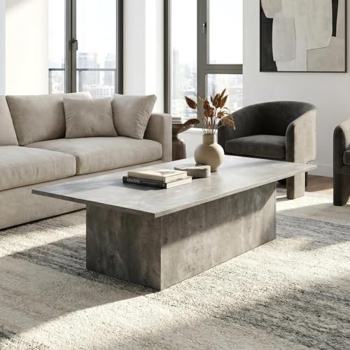 HNY Modern Rectangular Coffee Table Grey Large Center Table 47' Wooden Tea Table Concrete Texture Finish for Living Room, Reception Room, Home Office,Industrial Minimalist