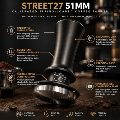 Image of Street27 51MM Coffee Tamper with Calibrated Spring Loaded Handle | Stainless Steel Espresso Tamper Flat Base for Espresso Machine Portafilter Coffee Accessories