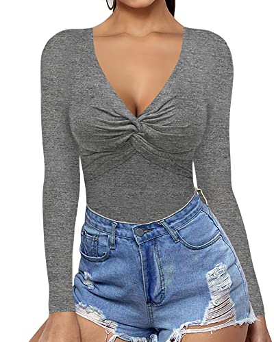 MANGOPOP Women's Deep V Neck Twist Knot Front Slim Fit Long Sleeve Shirt Tops Bodysuit Jumpsuit (A2 Dark Heather Grey, X-Large) - Image 3