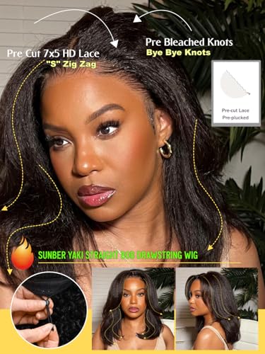 Image of Sunber Glueless Yaki Straight Bob Wigs Pre Plucked Pre Bleached 12inch | Bye Bye Knots Human Hair Wig Natural Black Pre Cut 7x5 Lace 150% Density Put On Go Pre Bleached Invisible Knots