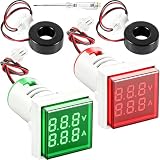 DAOKAI Voltmetro e amperometro a doppio display LED quadrato, 22 mm, corrente alternata, tensione 60-500 V, 0-100 A, display digitale LCD, indicatori di misurazione rosso e verde
