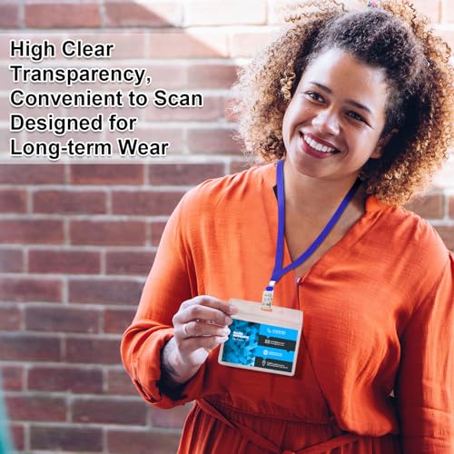 Image of Marspark 100 Sets Clear Name Tags with Lanyard, Lanyards for ID Badges Reusable Strap with ID Holder Plastic Name Badges for Adults Business School Church Conference (Black,Blue)