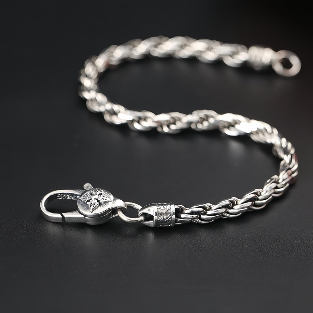 ForFox Pulsera de Cadena de Cuerda Trenzada con Broche Budista de Plata de Ley 925 Vintage para Hombre Mujer 4mm 18/20cm