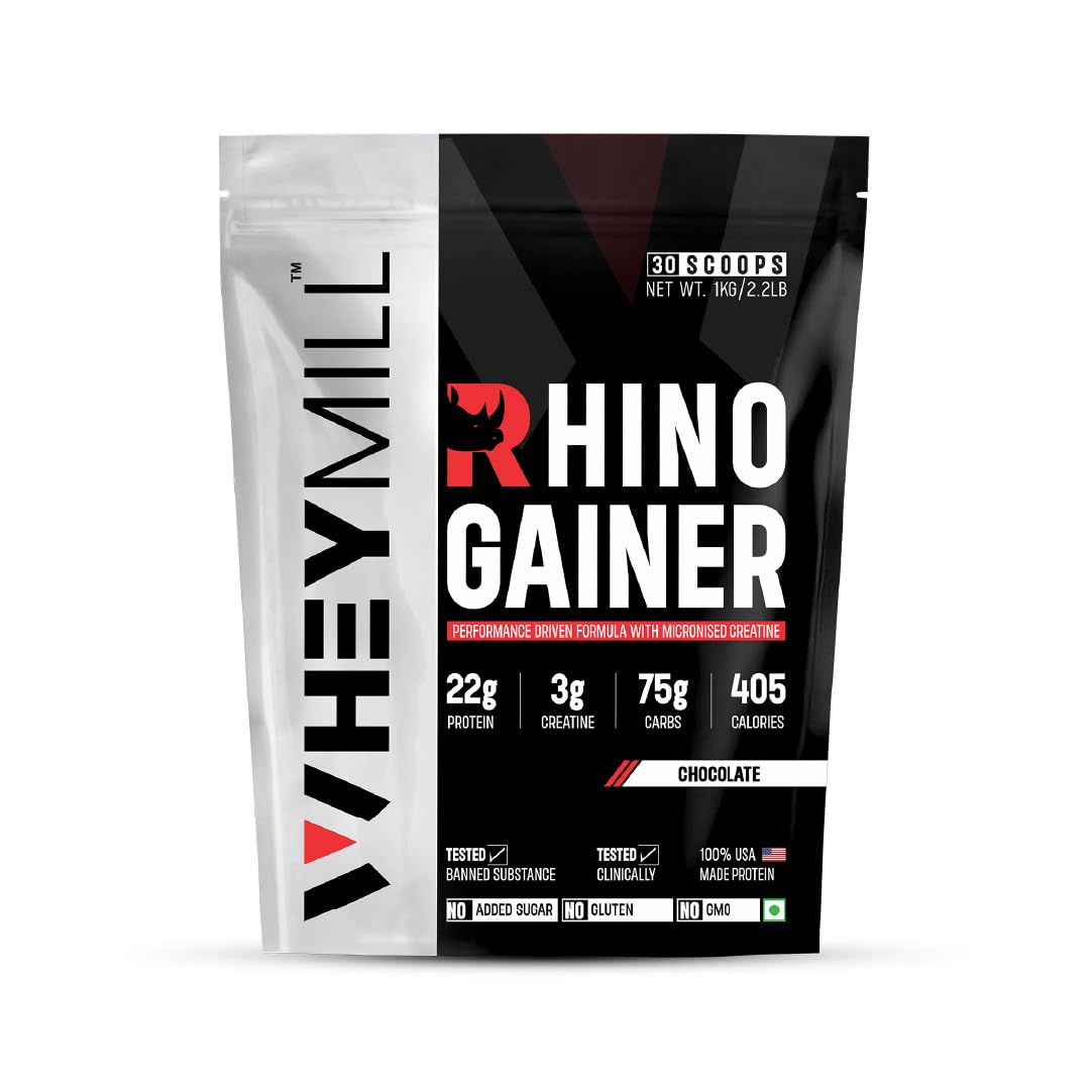 RHINO Mass/Weight Gainer With Creatine Monohydrate | 1 kg / 2.2 lb | 30 Scoops, 380 Kcal, 22g Protein, 3g Creatine | Advance Gaining Formula | Chocolate-image-19