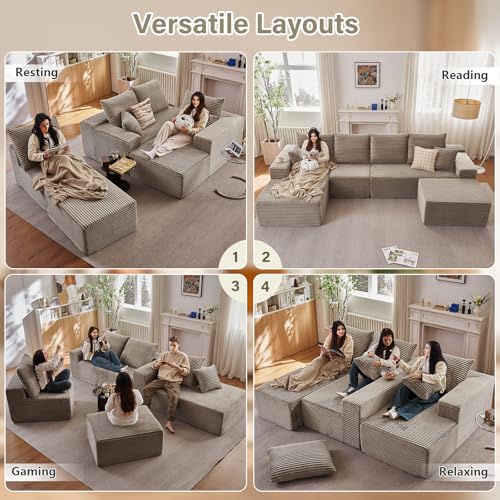 Image of Lakifun 135 inch L-Shape Sofa with Ottoman, Modern Modular Sectional Comfy U-Shape Cloud Couch, Deep Seat, Upholstered Corduroy Sleeper Chaise Longue for Living Room Bedroom, No Assembly Required, Camel