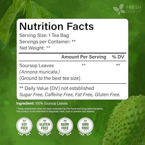 Image of FreshDrinkUS, Premium Soursop Graviola Leaf Tea | 45 Tea Bags form Powder, 100% Natural and Pure, Handmade, Made With Natural Materials-Corn Fiber Tea Bag, Sugar /Caffeine Free, Hoja Guanabana Tea