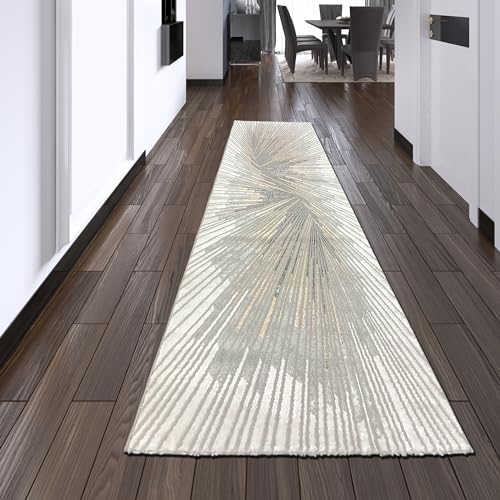 Teppich-Traum Eleganter Teppich Wohnzimmer Schlafzimmer Flur Läufer lang modern hochwertig edel Gold/Silber/Bronze Glanzeffekt Creme 80 x 300 cm