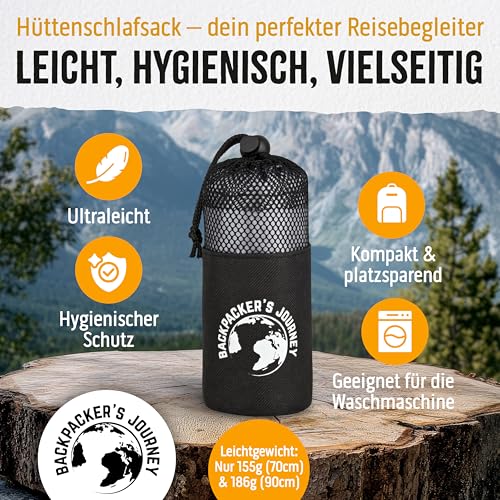 Backpacker's Journey Hüttenschlafsack (nur 168g), ultraleichter und platzsparender Reiseschlafsack aus Polyester. Ideal für Backpacking, Hostels und Hütten (90 cm, grau)