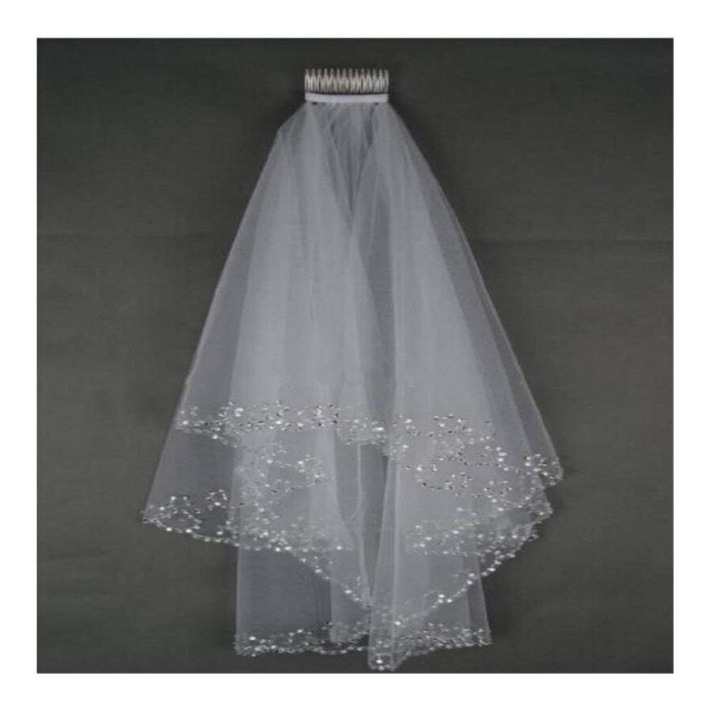 Velos de Novia Velo de Novia Corto con Cuentas Dos Capas Tul con Lentejuelas Blanco/Marfil 75 cm de Largo con Peine Borde con Cuentas Accesorios de Novia para Mujer Herm