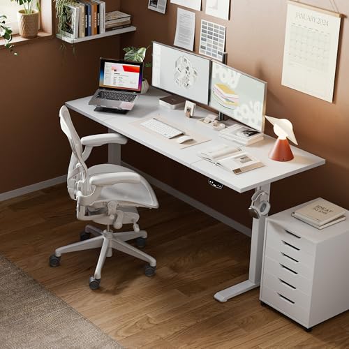 Image of Agilestic Electric Standing Desk, 63 x 24 Inches Height Adjustable Desk, Sit Stand up Desk for Work Office Home, Splice Board, White