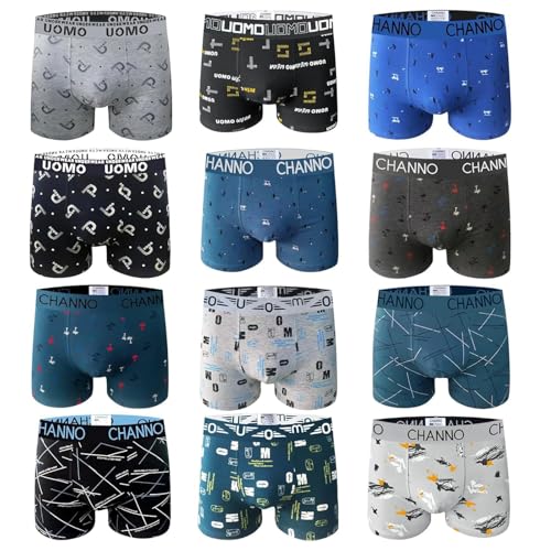 Channo Eng anliegende Baumwollboxershorts mit verschiedenen Originalmustern, bequem und weich. Uomo Kollektion. 12 Stück, Überraschungen, 4XL