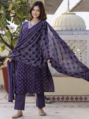 Image of PARTHVI|Women's Pure Cotton Printed with Handwork Kurta with Pants and Dupatta Set | Ethnic Set | Suit Set | Kurta Set | Wedding Suit Set