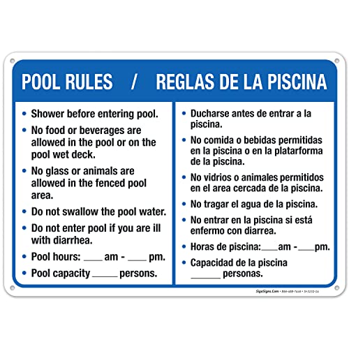 Swimming Pool Rules Bilingual Sign, Spanish English, 10x14 Inches, 55 mil Thick HDPS (high Density polystyrene), Made in USA