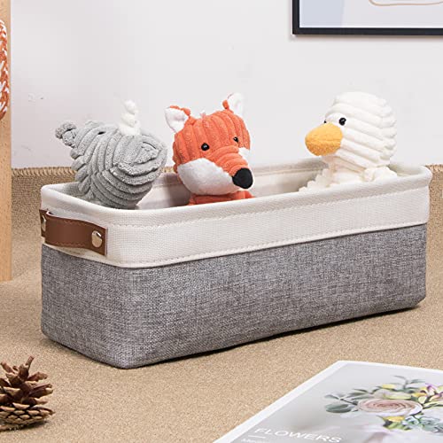 Image of DULLEMELO Fabric Bathroom Storage Bin with Leather Handles, Narrow Organizer for Towels, Toilet Paper Rolls, Storage Basket for Back of Toilet, Vanities, Shelves & Cabinets (White&Gray)