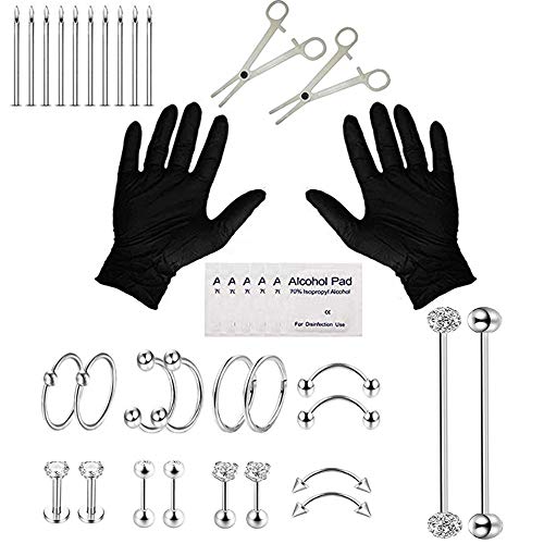 Jconly Piercing Kit - 14G 16G Professional Body Piercing Kit Surgical Steel Piercing Needles Piercing Clamps for Nose Ear Tongue Eyebrow