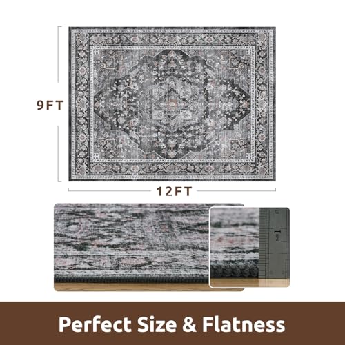 AMOAMI-Area Rug 9X12 Rugs for Living Room-Vintage Soft Black Rugs for Bedroom-Non Slip Carpet-Washable Rug for Dining Room Living Room Bedroom Office Under Table,Dark Grey & Black