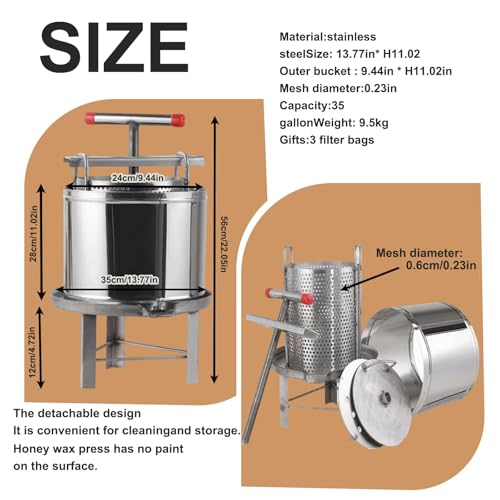 Honey Press Extractor, 2 Stainless Steel Barrels,Household Manual Mesh Honey Extractor Manual Machine for Press Honey, Beeswax, Wine Making for Self in Home