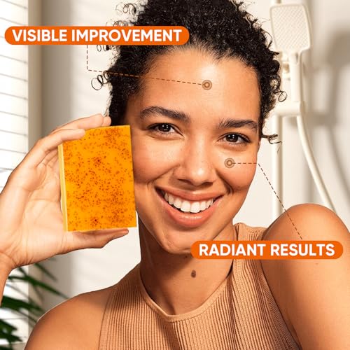 Image of 3P Turmeric Kojic Acid Soap Bars with African Exfoliating Net Sponge, Infused with Retinol, Vitamin E & Shea Butter - For Face & Body, SLS Free, Suitable for Oily & Dry Skin