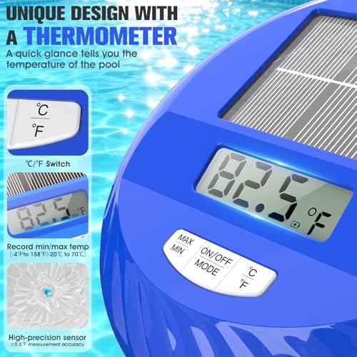 Image of 2026 Solar Pool Lights with Digital Pool Thermometer,Color Changing Floating Pool Lights that Float IP68 Waterproof,Hangable Solar Powered Floating Light for Pool Lighting Party Decor-1 PC