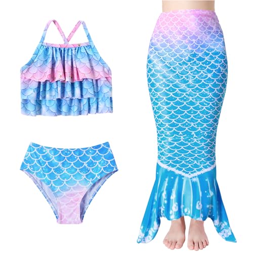Redair Mermaid Girls Swimsuit Bathing Suit 3PCS Ruffle Top Bikini Bottoms Swimsuit Kids Beach Pool Swimwear