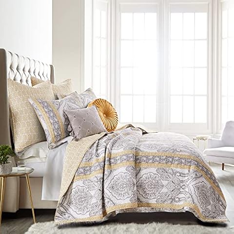 Levtex home - St. Ives Quilt Set - King Quilt + Two King Pillow Shams - Damask and Paisleys - Grey and Yellow - Quilt Size (106x92in.) and Pillow Sham Size (36x20in.) - Reversible Cover