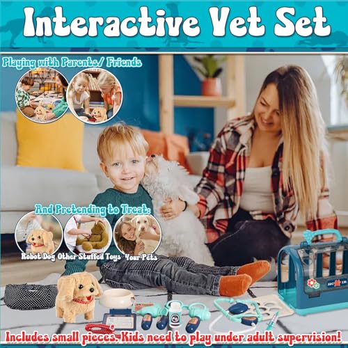 STAY GENT 17Stück Interaktives Tierarzt Arztkoffer Kinder mit Plüsch-Hund, Käfig & Stethoskop, Spielzeug Hund mit Leine Läuft & Bellt, Tierarzt Rollenspiel Geschenke für Kinder 3-8 Jahre