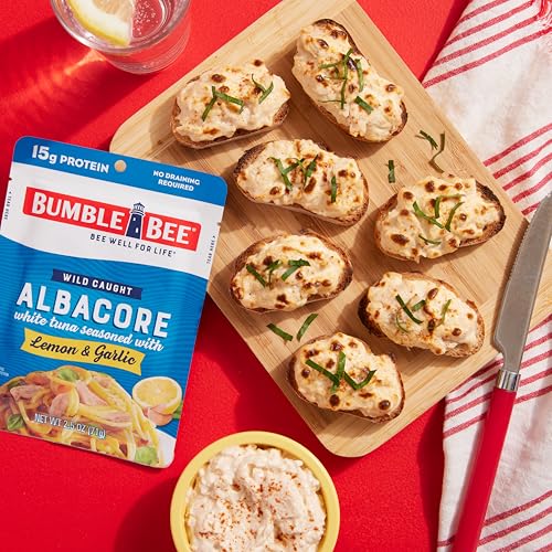Image of Bumble Bee Lemon & Garlic Seasoned White Albacore Tuna in Water, 2.5 oz Pouch (Pack of 12) - Wild Caught Tuna - 15g Protein per Serving, High in Omega-3s - Non-GMO, Gluten Free - No Draining Required