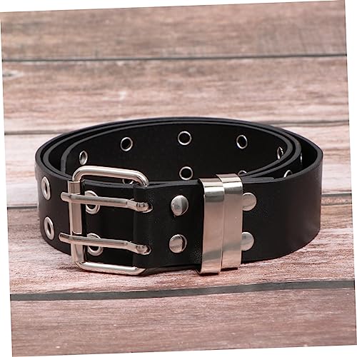 BESPORTBLE Punk Style Double Row Holes Belt Adjustable Black Waist Belt for Men and Women Simple Design for Casual Wear Sturdy PU Leather Material2