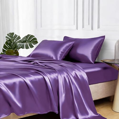 Image of MR&HM Satin Bed Sheets, King Size Sheets Set, 4 Pcs Silky Bedding Set with 15 Inches Deep Pocket for Mattress (King, Lavender)
