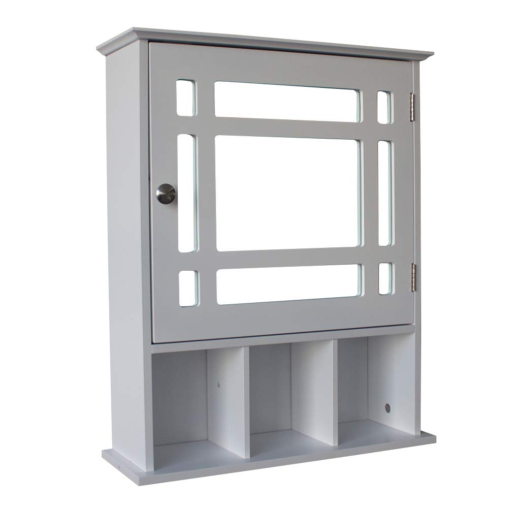 Kcelarec Bathroom Wall Mounted Mirror Medicine Cabinet Over Above The Toilet Storage with 3 Open Cubbies and Adjustable Shelf (White)