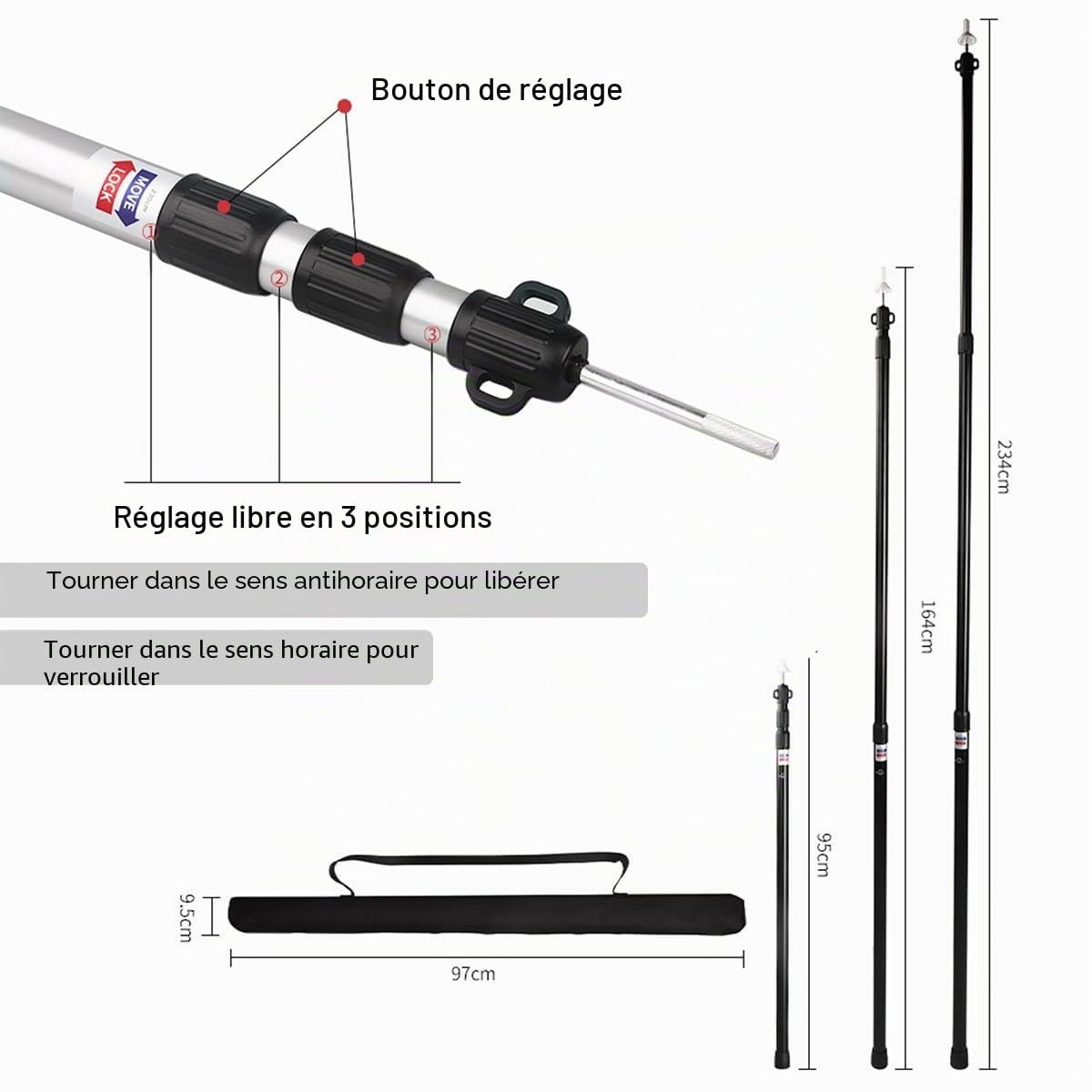 Tiandirenhe Barre télescopique pour tentes, auvent, barres de tente télescopiques, support de baldaquin en aluminium, 95-234 cm, poteaux de tente de camping, barres de camping pour bâches, auvent,