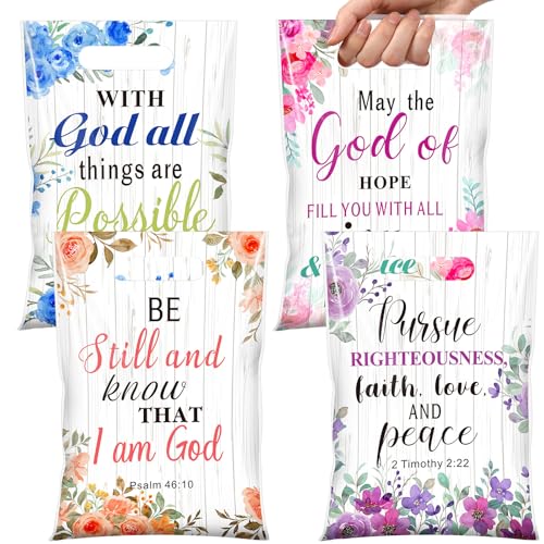 Pasimy 100 Pcs Christian Gift Bags Religious Bible Floral Plastic Bags with Handles Christian Bible Party Favor Pouches Inspirational Flower Candy Goodie Pouch for Women Wedding Birthday Church Gifts