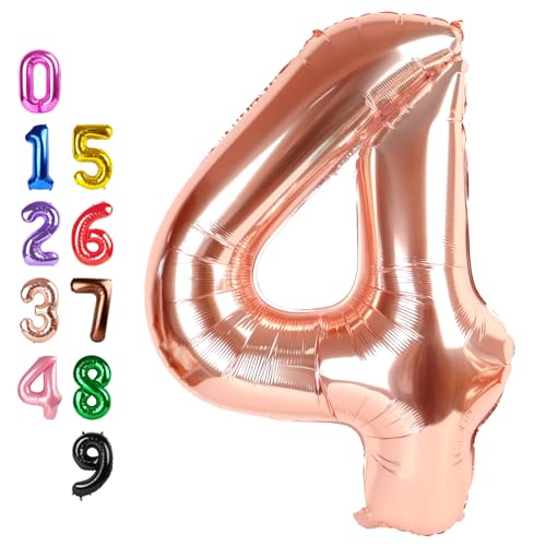 Image of Number Balloons Rose Gold 4 Balloon 40 inch for 4th Birthday Decoration | Saturated Color, Large 40 in, With Straw & Hanging Hole, For Back-to-School Season, Wedding, Christmas, New Year, Anniversary